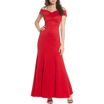 Morgan & Co. Cold Shoulder Scuba Mermaid Evening Gown, Red