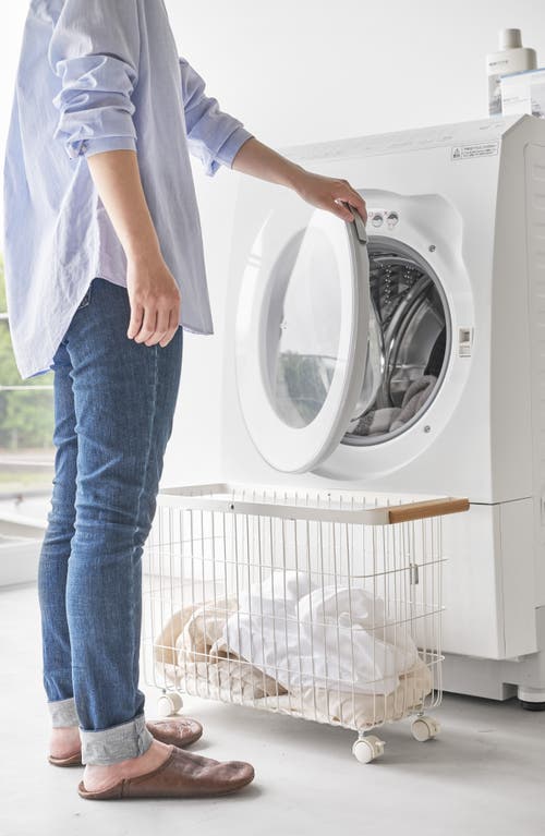 Yamazaki Rolling Laundry Basket In White