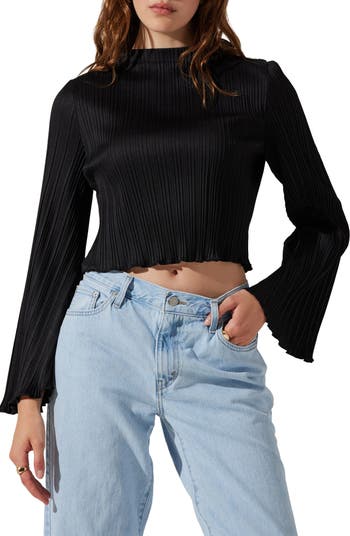 Adult Sheer Black Mock Neck Super Cropped Mesh Long Sleeve Top