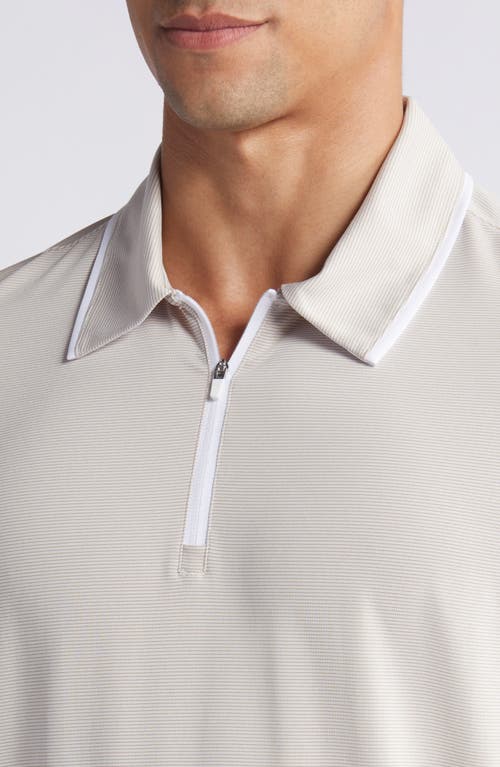 Shop Zella Tipped Stripe Polo Shirt In Pebble