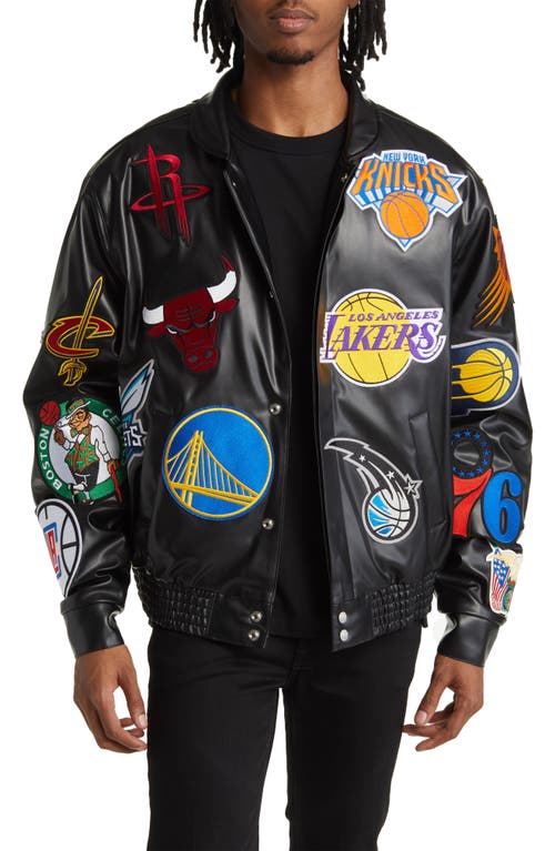 NBA Collage Faux Leather Jacket in Black