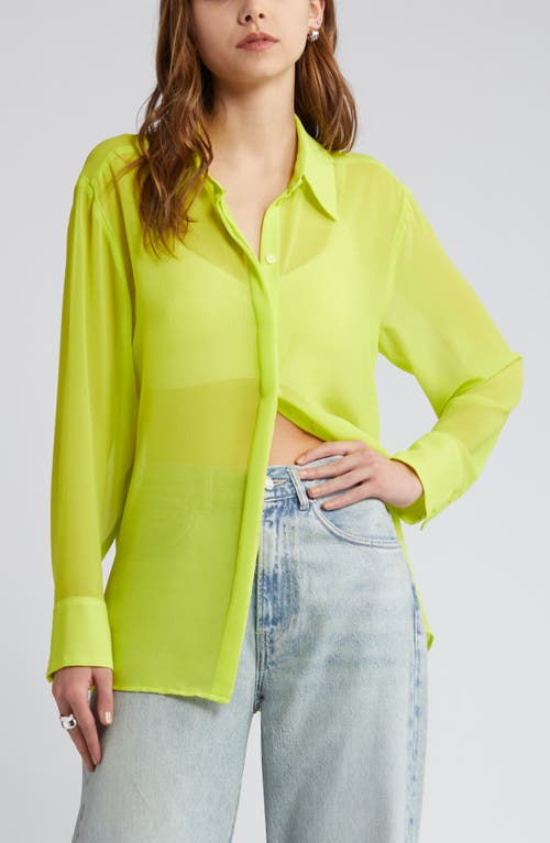Open Edit Oversize Semisheer Button-Up Shirt in Green Primrose 