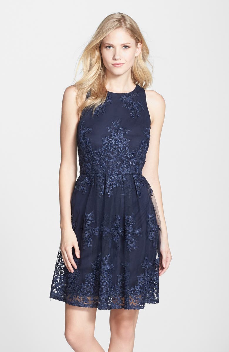 Taylor Dresses Embroidered Mesh Fit & Flare Dress | Nordstrom