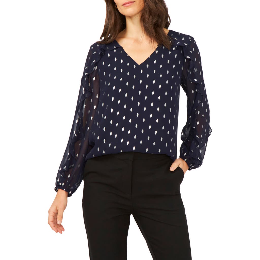 Chaus Ruffle Trim Long Sleeve Blouse In Navy/silver