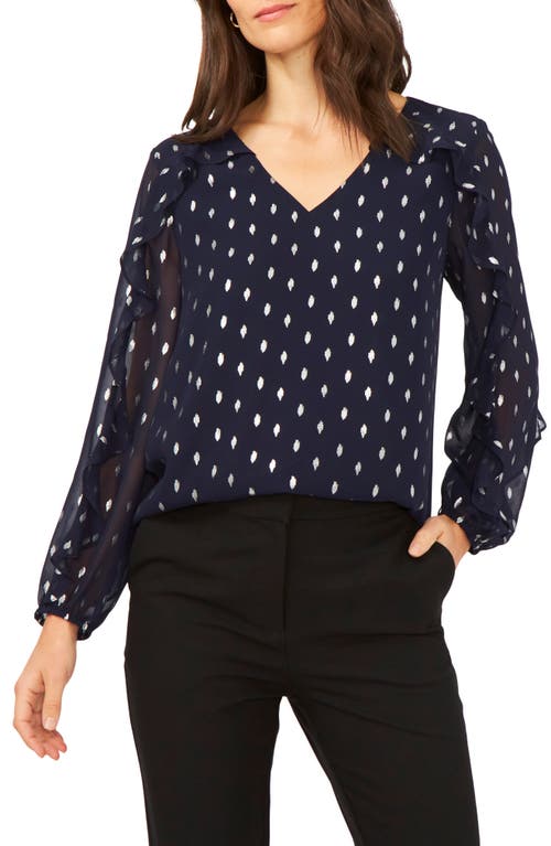 Chaus Ruffle Trim Long Sleeve Blouse in Navy/Silver at Nordstrom, Size Small