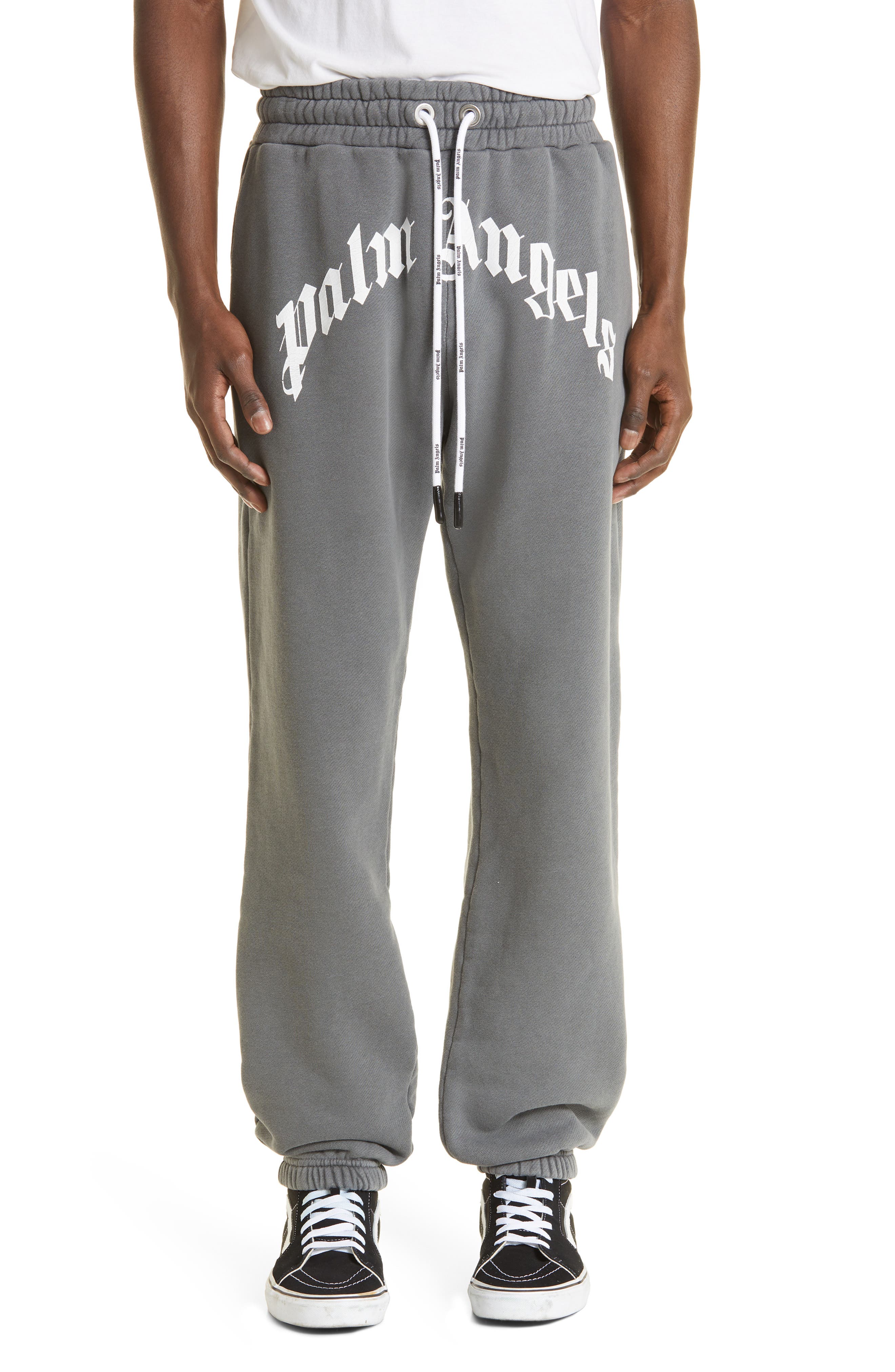 Palm Angels Curved Logo Cotton Sweatpants in Black/White