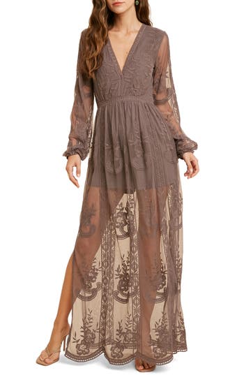Wishlist Floral Embroidered Long Sleeve Maxi Dress In Gray