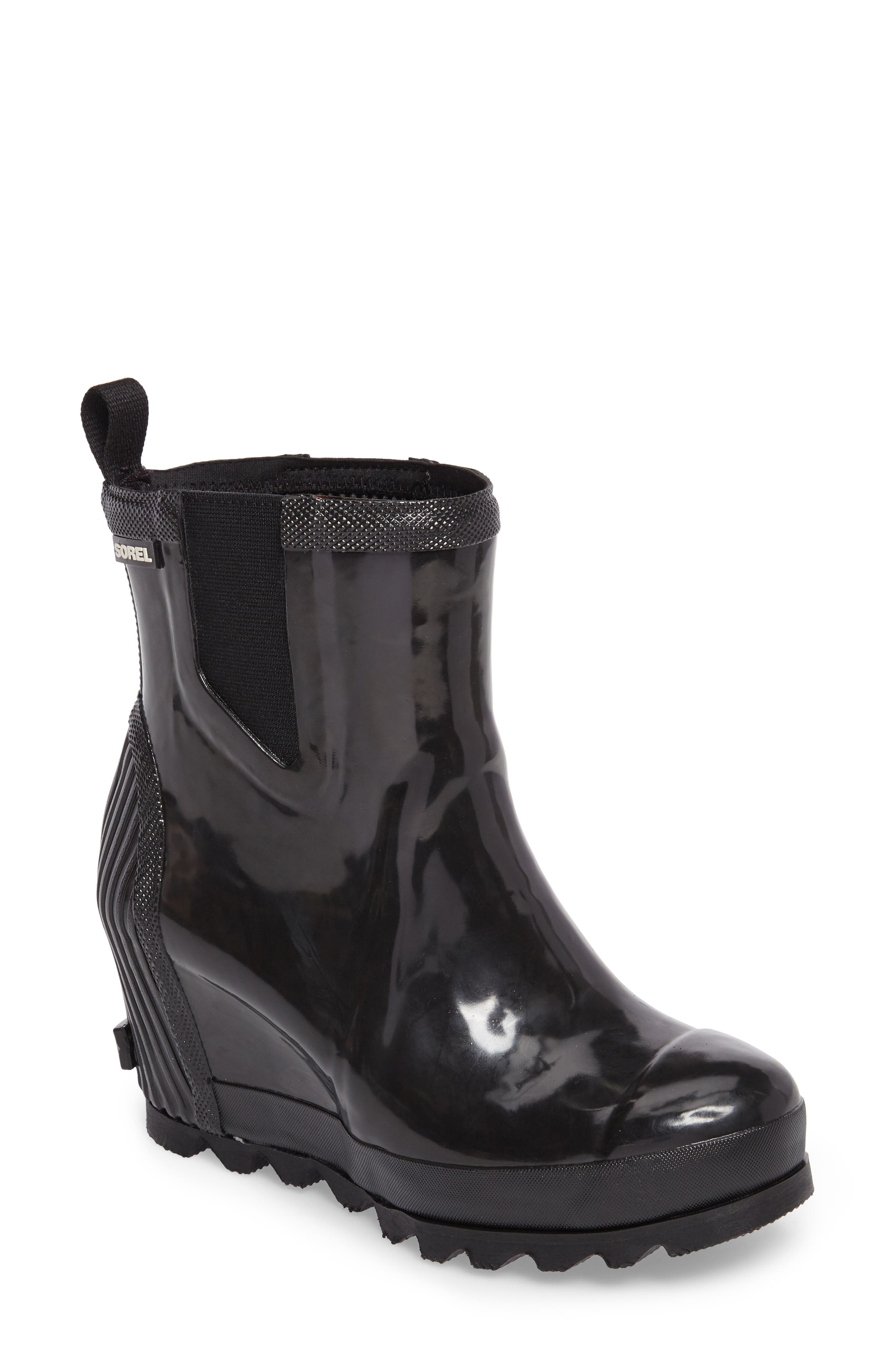 sorel joan glossy wedge rain boot