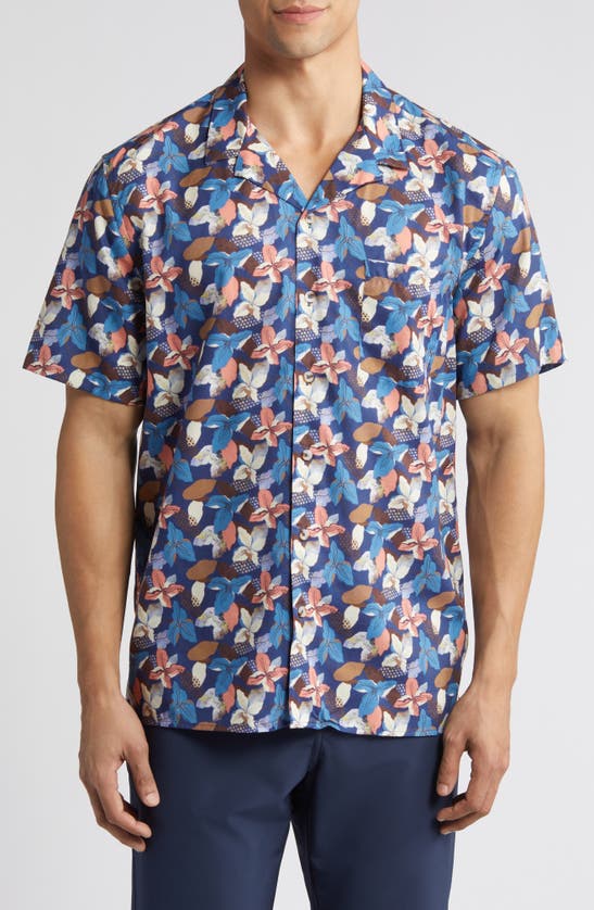 Shop Johnston & Murphy Abstract Floral Cotton And Modal Camp Shirt In Navy
