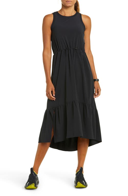 zella Drawcord Waist Tiered Midi Dress in Black