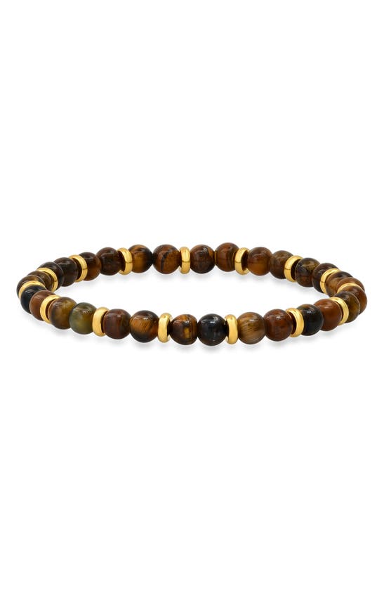 Hmy Jewelry 18k Gold Plated Tiger's Eye Beaded Stretch Bracelet In Brown/ Yellow