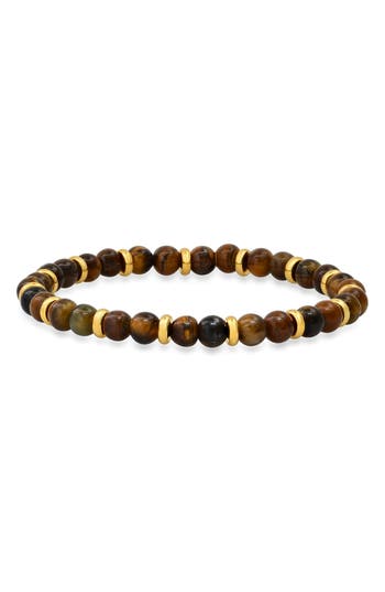 Hmy Jewelry 18k Gold Plated Tiger's Eye Beaded Stretch Bracelet In Brown