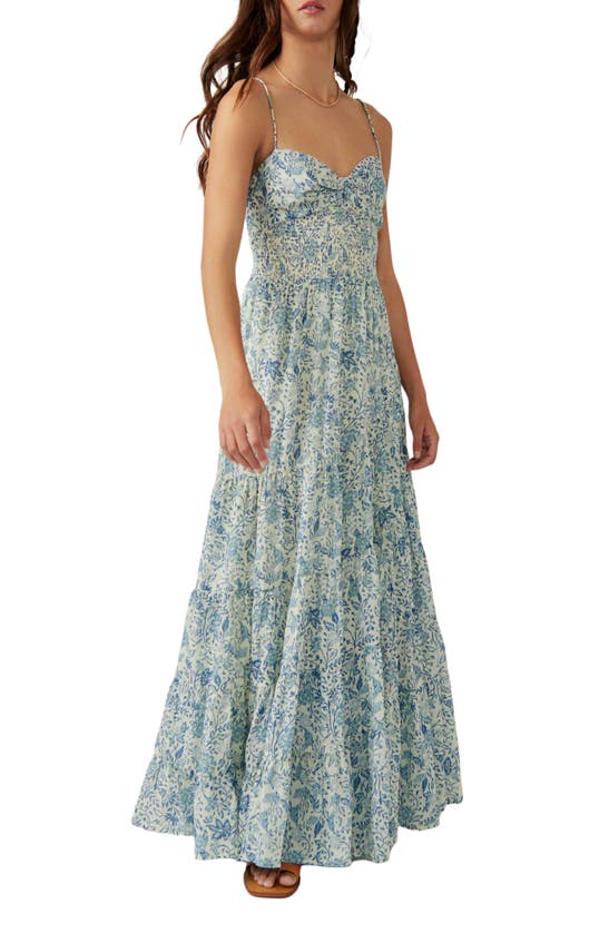 Free People Sundrenched Floral Smocked Bodice Maxi Sundress In Blue