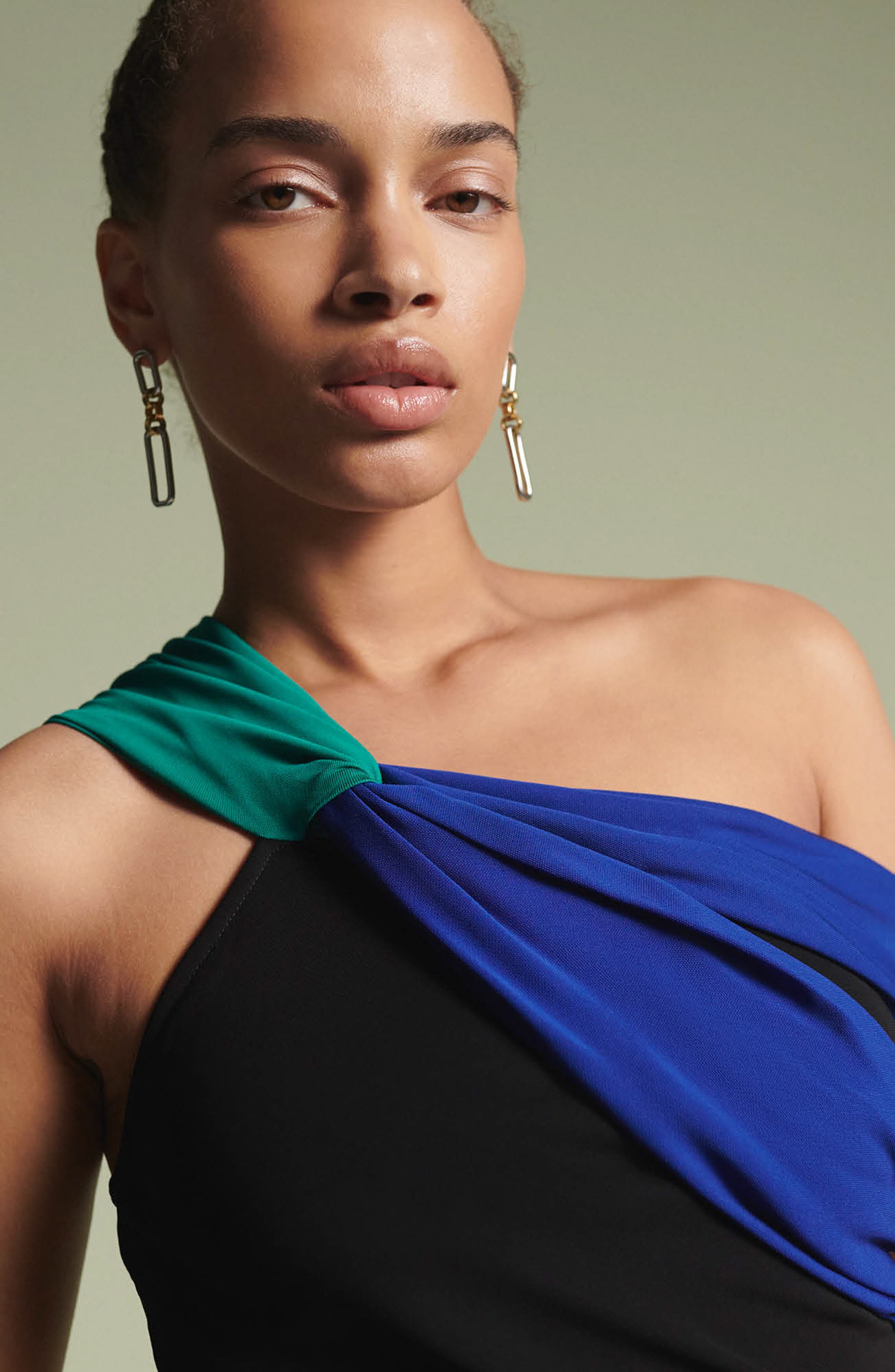 Diane von Furstenberg Terin Colorblock One-Shoulder Dress in Black/Royal  Blue/Emerald | Smart Closet