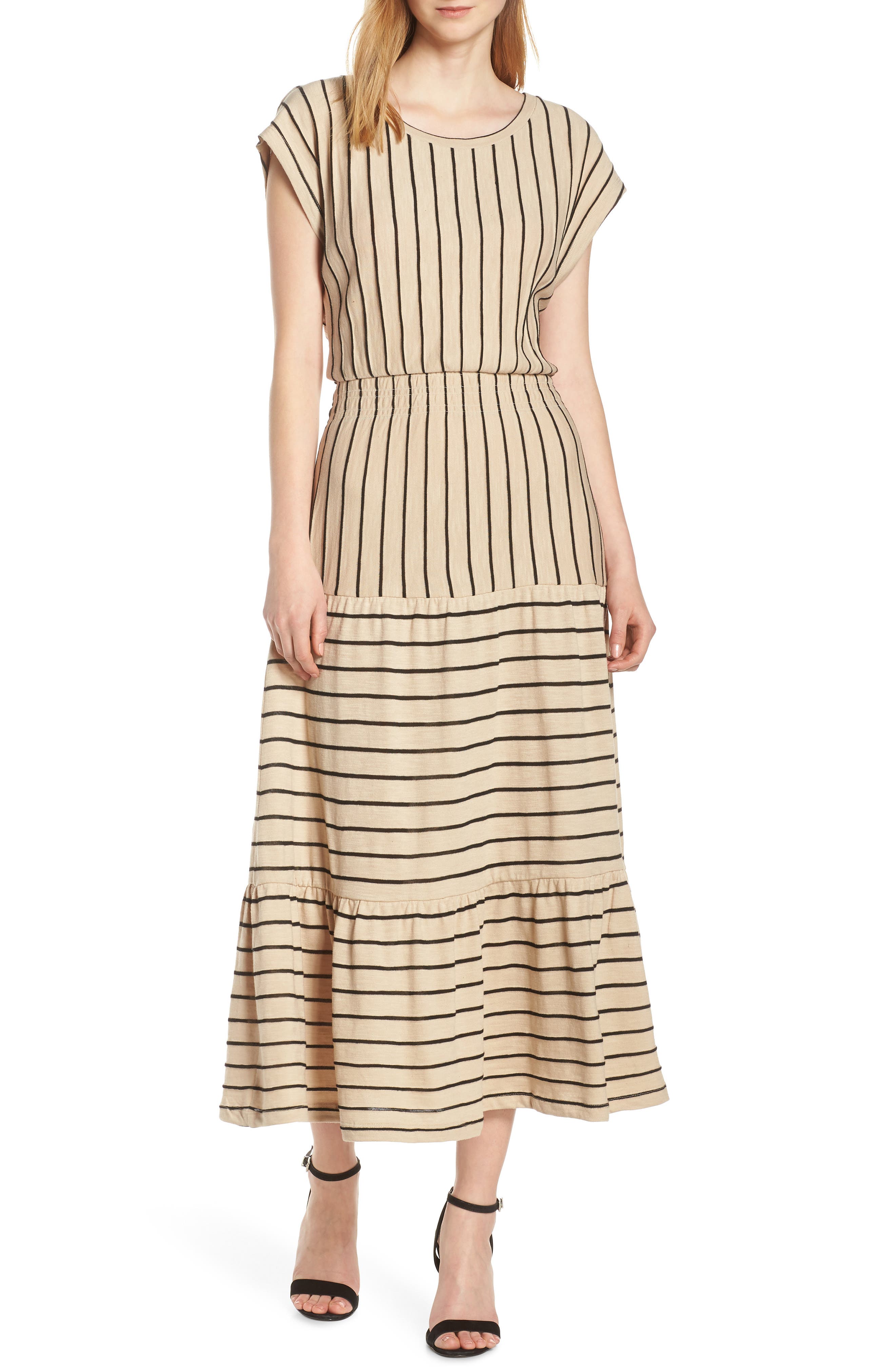 Caara Wesley Stripe Tiered Cotton Knit Dress, Beige