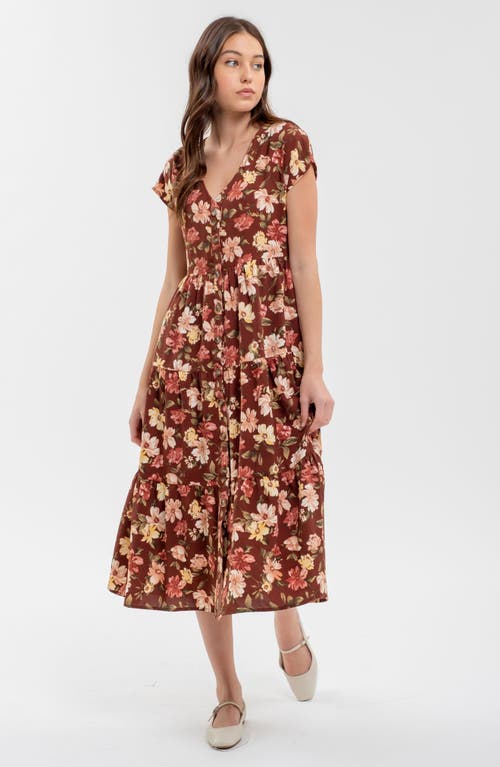Blu Pepper Floral Button-up Midi Dress In Burgundy Multi