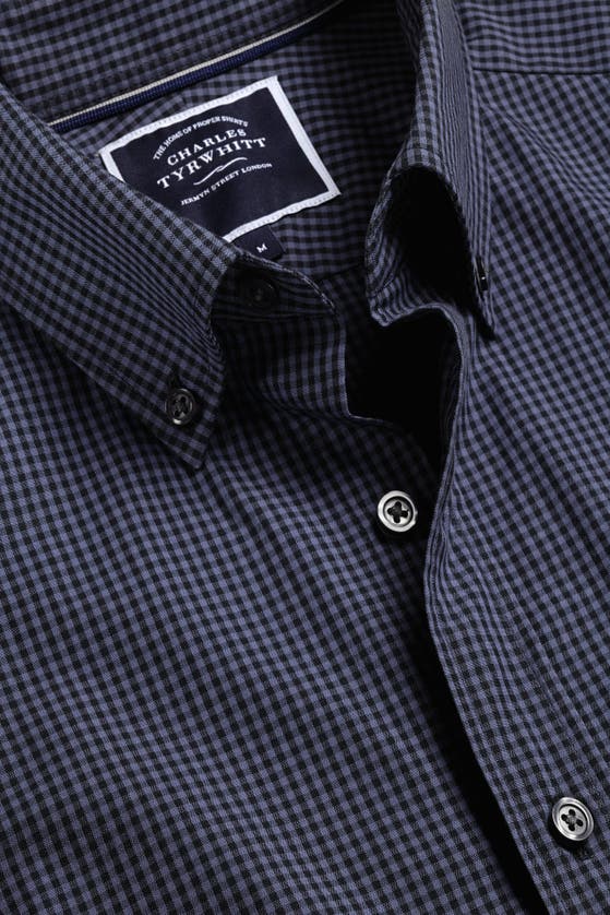 Shop Charles Tyrwhitt Slim Fit Button-down Collar Non-iron Stretch Poplin Mini Gingham Shirt In Indigo Blue