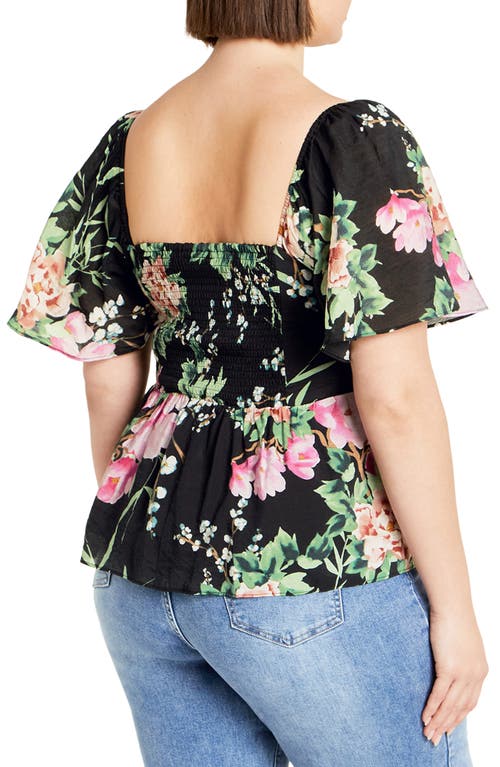 City Chic Marci Floral Flutter Sleeve Top In Black Sweet Blossom