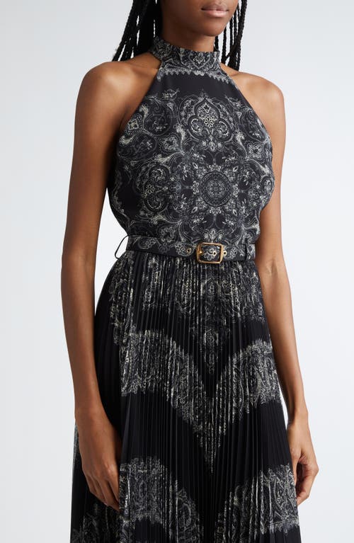 Zimmermann Sunray Belted Pleated Paisley-print Recycled Georgette Midi Dress In Black Paisley