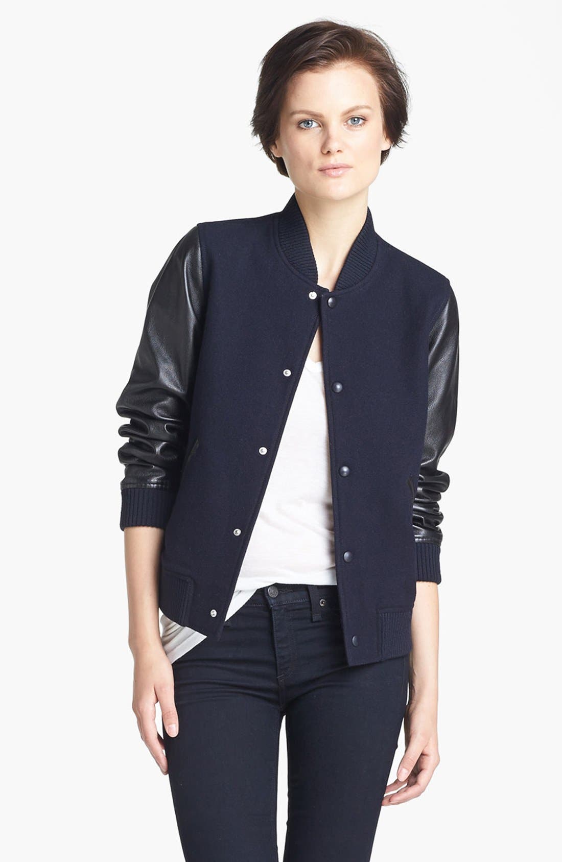 A.P.C. Leather Sleeve Baseball Jacket Nordstrom