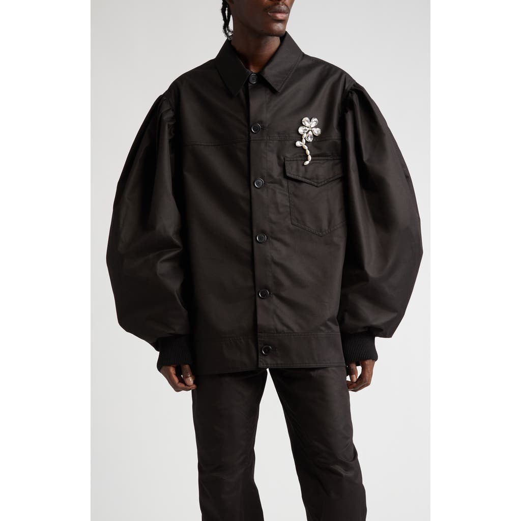 Simone Rocha Classic Imitation Pearl Embellished Workwear Bomber Jacket In Black