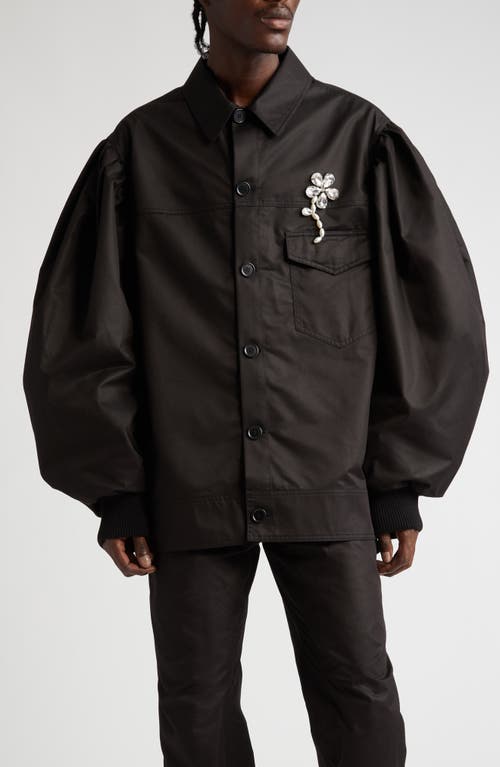 Classic Imitation Pearl Embellished Workwear Bomber Jacket in Black/Clear