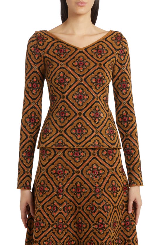 Etro Metallic Floral Medallion Sweater In Brown/ Nero
