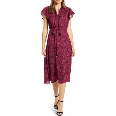 Bobeau Savoy Flutter Sleeve Midi Dress, Purple