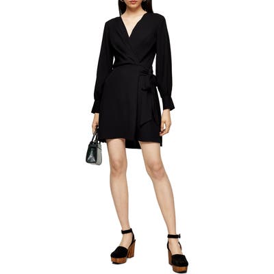Topshop Faux Wrap Long Sleeve Minidress, US (fits like 10-12) - Black