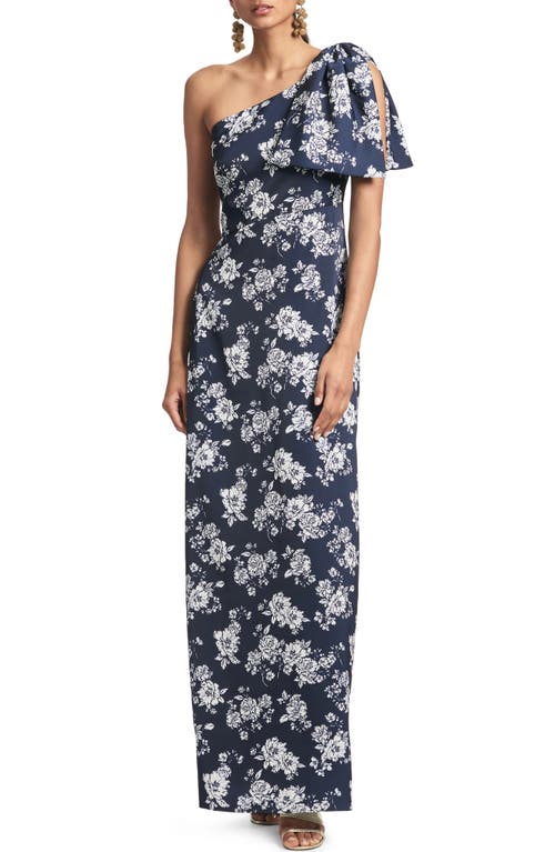 Shop Sachin & Babi Chelsea One-shoulder Gown In Navy/ivory Peony