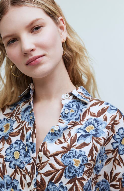 Madewell Floral Short Sleeve Linen Crop Button-up Shirt In Stonewash Blue