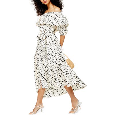 Topshop Bardot Spot Print Asymmetrical Off The Shoulder Dress