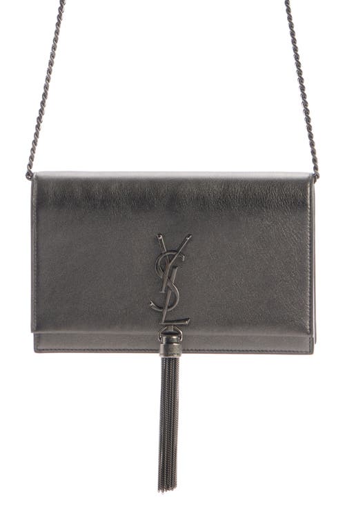 Saint Laurent Cassandre Kate Tassel Metallic Leather Wallet on a Chain in Silver Coal/Nero at Nordstrom
