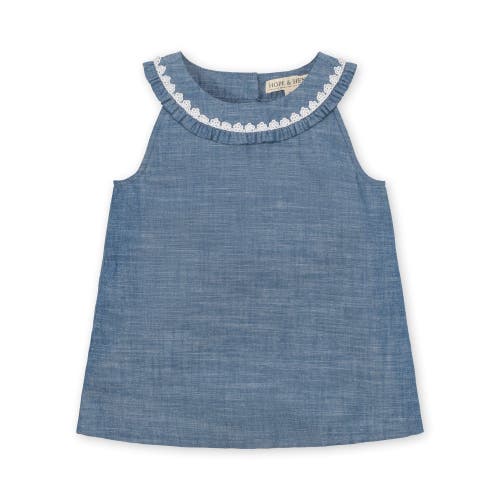 Hope & Henry Babies'  Girls' Organic Sleeveless Ruffle Collar Chambray Button Back Top , Toddler In Chambray Sleeveless Ruffle