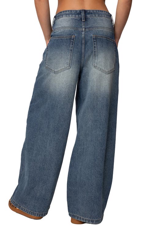 Shop Edikted Skater Low Rise Nonstretch Wide Leg Jeans In Blue-washed