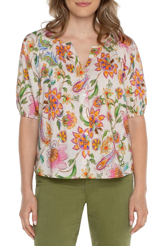 Shop Liverpool Los Angeles Shirred Floral Short Sleeve Button-up Shirt In Ivory/ Pink Floral