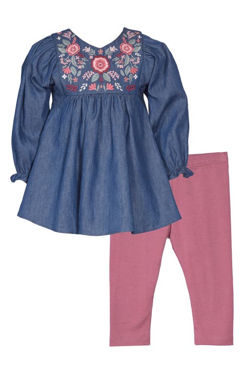 Shop Iris & Ivy Floral Embroidered Denim Tunic & Leggings Set In Denim Multi