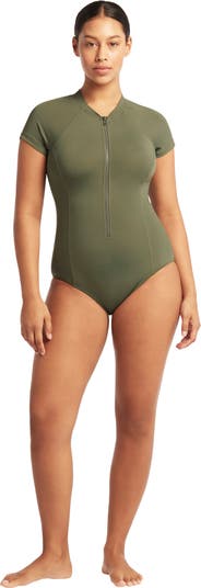 Sea Level Short Sleeve Multifit Front Zip One-Piece Swimsuit