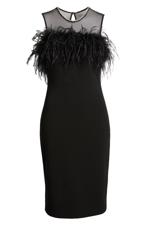 Shop Eliza J Feather Trim Illusion Neck Sheath Cocktail Dress In Black