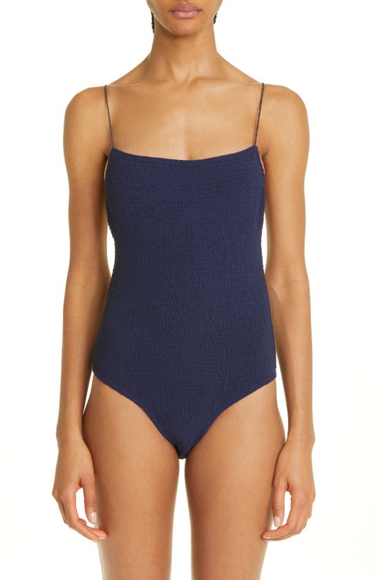 Totême Smocked One-piece Swimsuit In Dark Navy