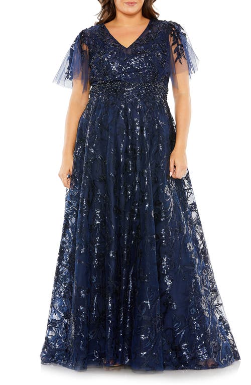 Sequin Floral A-Line Gown in Midnight