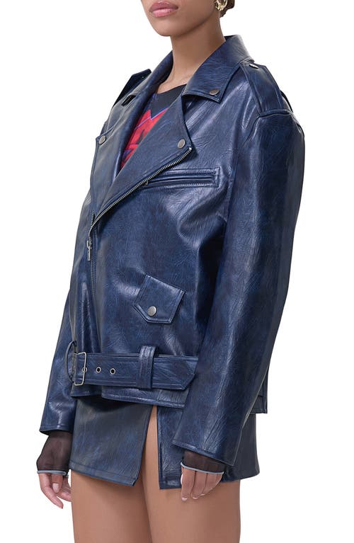 Shop Afrm Blaise Oversize Faux Leather Moto Jacket In Navy Distressed Pu