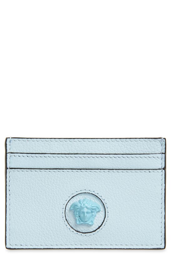 Versace Medusa Leather Card Case In Ice Blue/  Gold
