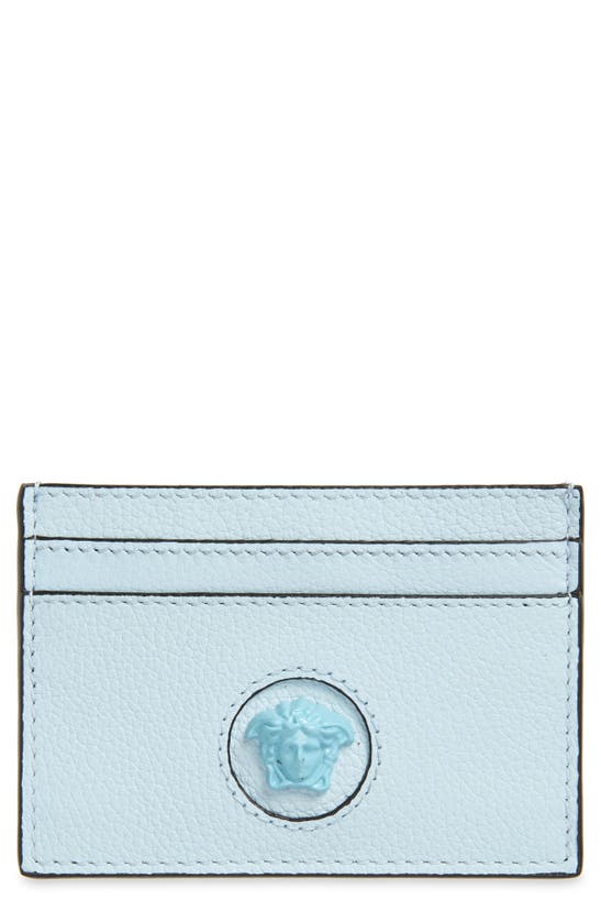 Versace Medusa Leather Card Case In Ice Blue/ Gold