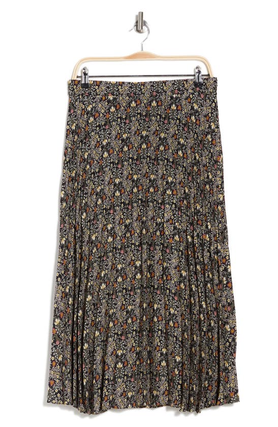 Max Studio Graduated Pleat Print Knee-length Midi Skirt In Black/ Sage Cara Folk Flower