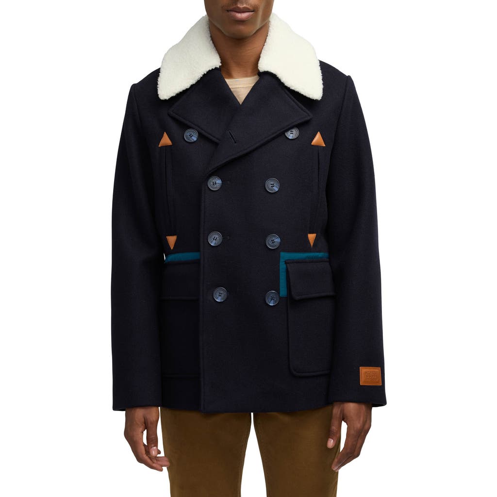 Scotch & Soda Men's Izak Double Breasted Peacoat With Removable Fleece Collar In Night
