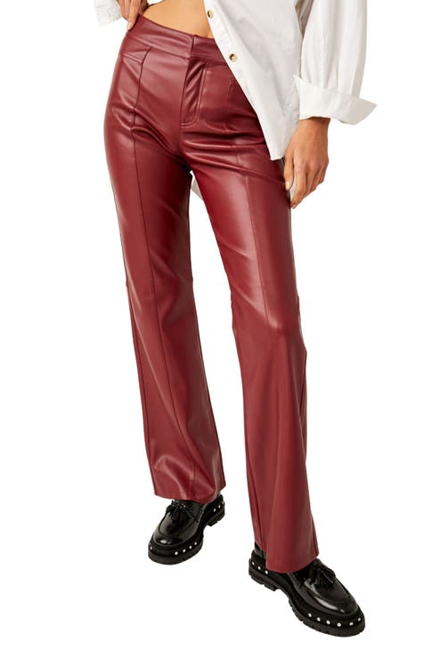 Red Flare Leg Pants Mid Rise Faux Leather