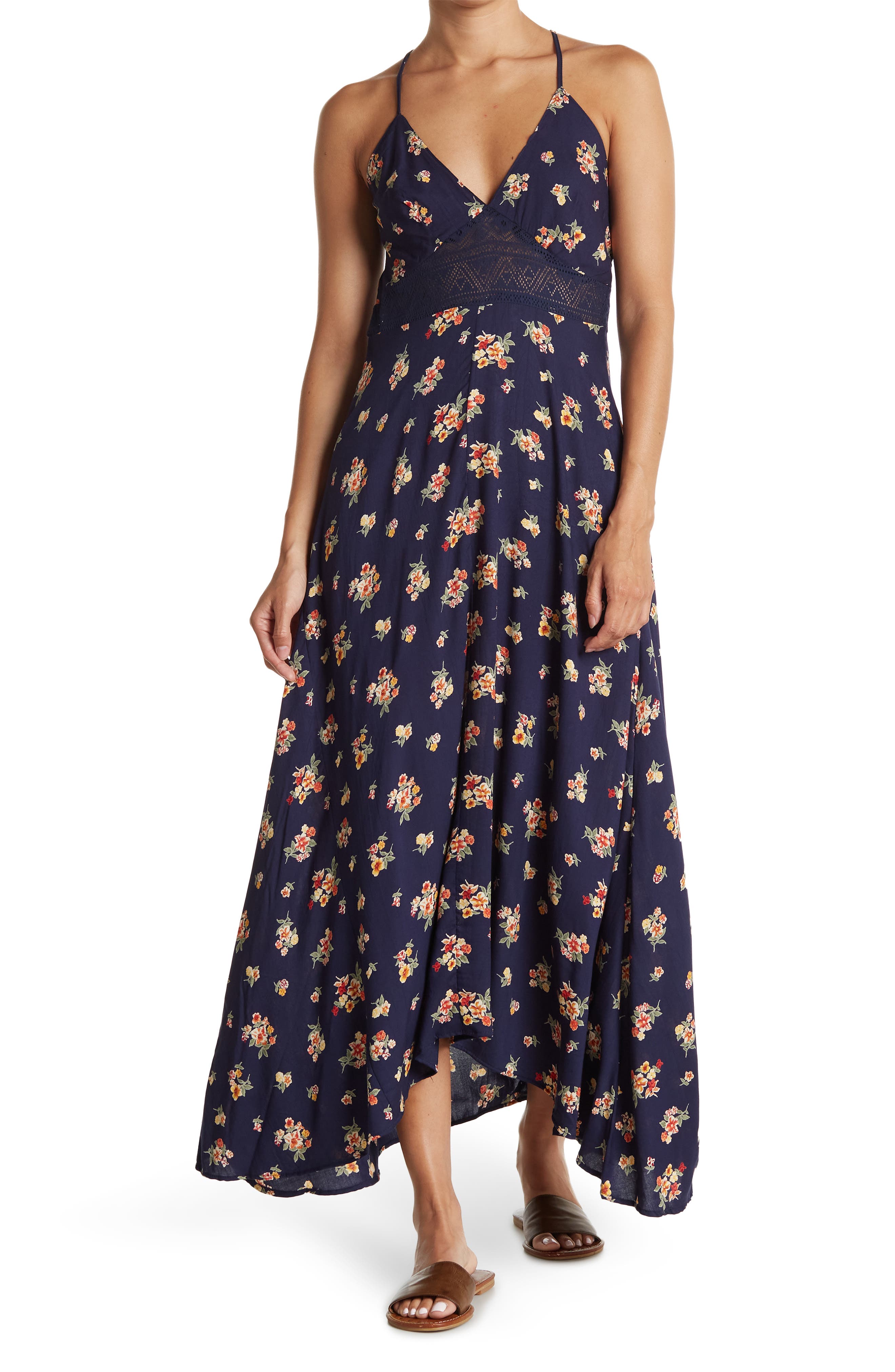 Floral Print Lace Trim Maxi Dress 