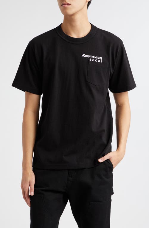 Sacai AMG Logo Embroideed Cotton Pocket T-Shirt in White | Smart