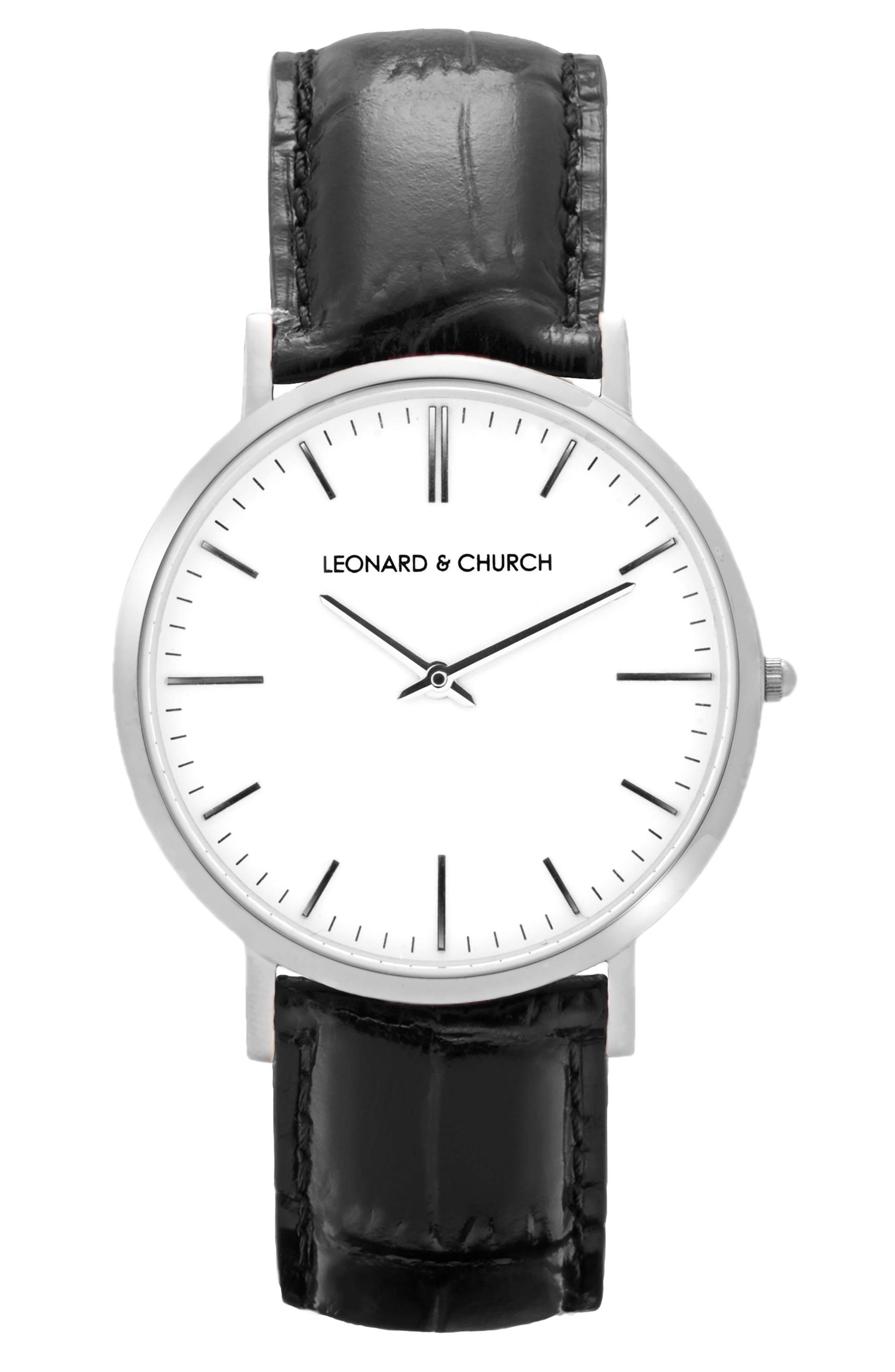 Leonard & Church Broadway Leather Strap Watch, 40mm Nordstrom